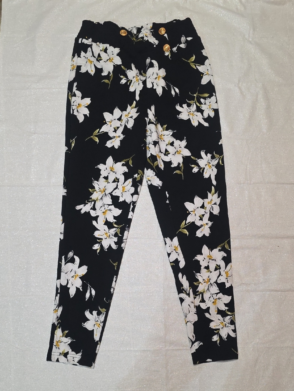 SHEIN Black Floral Ankle Pants with Gold Buttons